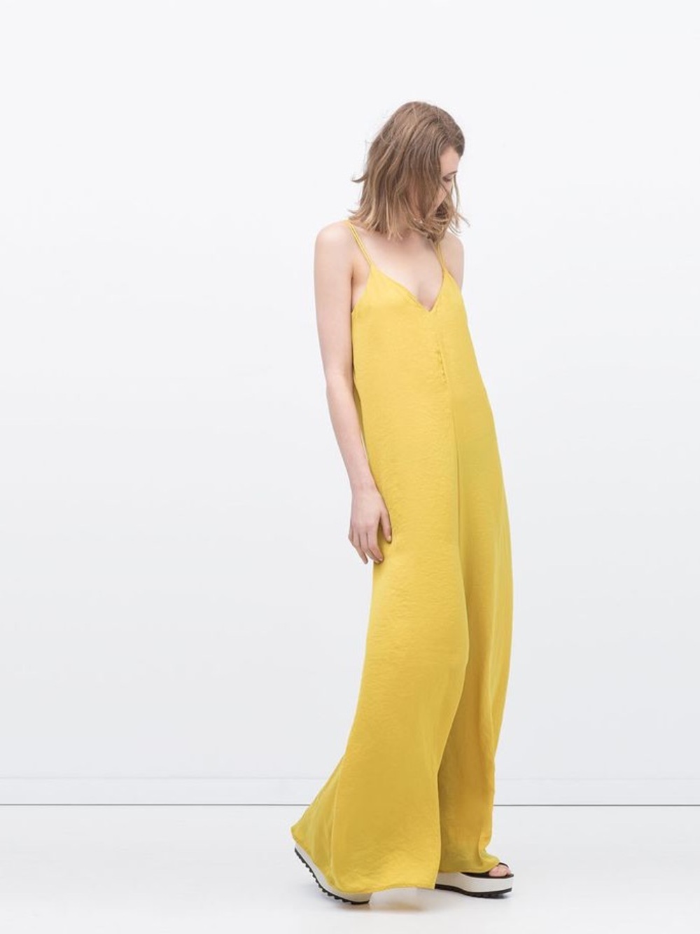 NWT Zara Satin Yellow V-Neck Spaghetti Strap Palazzo Jumpsuit Size S